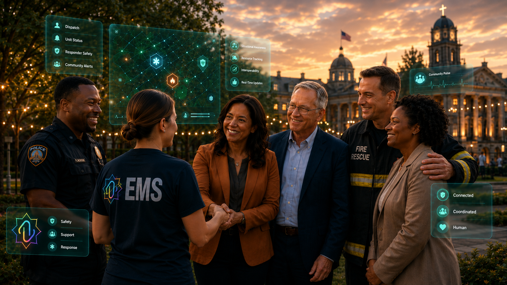 Diverse public-safety and community group speaking with EMS professional